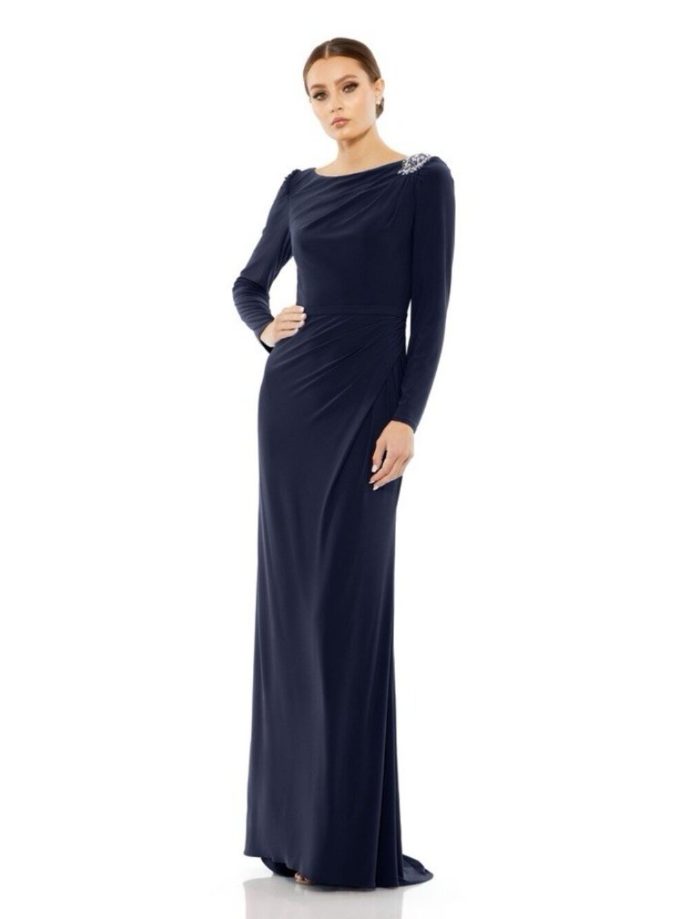 Mac Duggal Size 2 Navy 55695 Jersey Rhinestone Embellished Trumpet Gown Dress